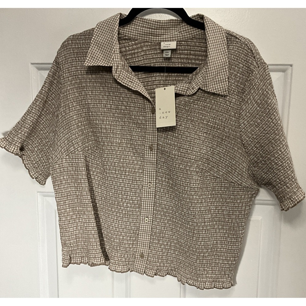 A New Day Beige/Brown Button Up Business/Casual Collared Blouse Women's XXL